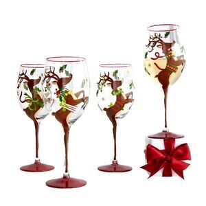 Neiman Marcus Hand-Painted Reindeer Christmas Wine Glasses Set of 4 New